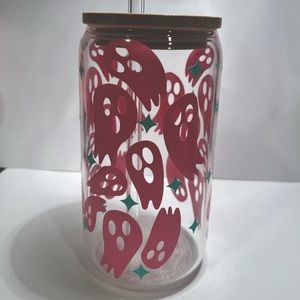 Ghost glass cup with bamboo lid and glass straw!